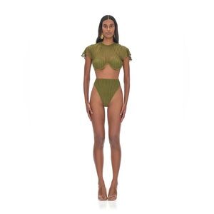 Andrea Iyamah Olive Green Pleated High-Waist Bikini BOTTOMS ONLY